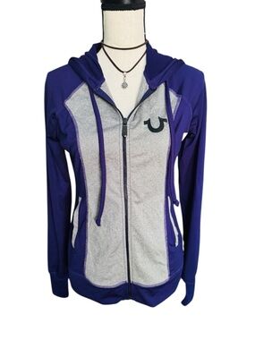 True Religion Purple Gray Zip Hoodie Sequined Logo Back Athletic Jacket Women’s